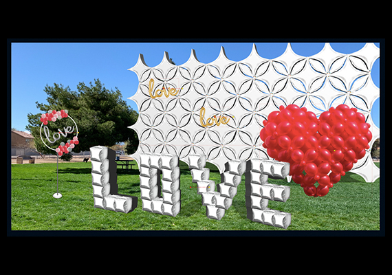 Different designs (either made with Virtualoon Designer or importet as a .png file) arranged on a backdrop